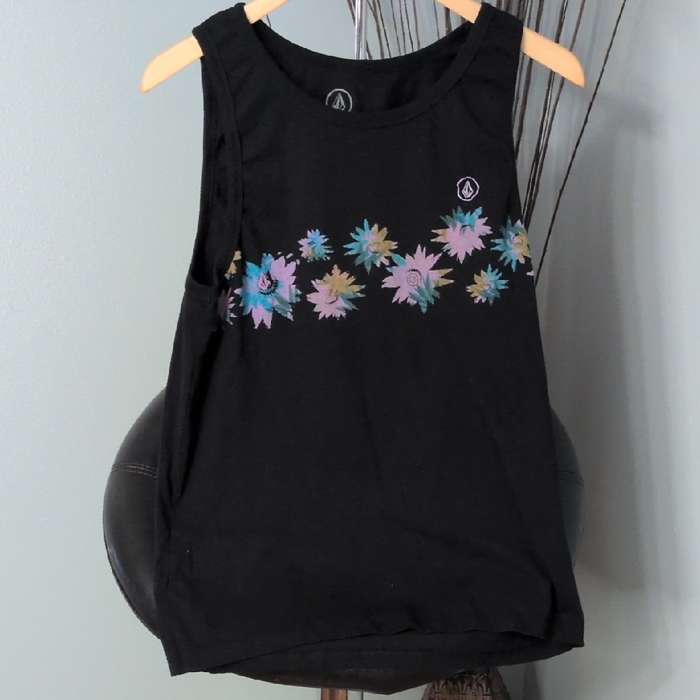 Volcom Black Tank Top with Pastel Floral Design